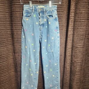 PacSun High Rise Blue Jeans with Multicolor Floral Embroidery